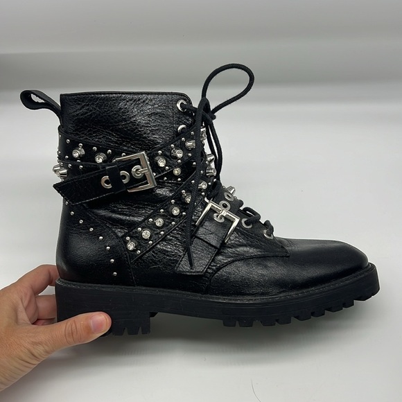 Zara - Black Leather Bejeweled Criss Cross Lace Up Biker Ankle Boot Size 6 - Picture 4 of 14